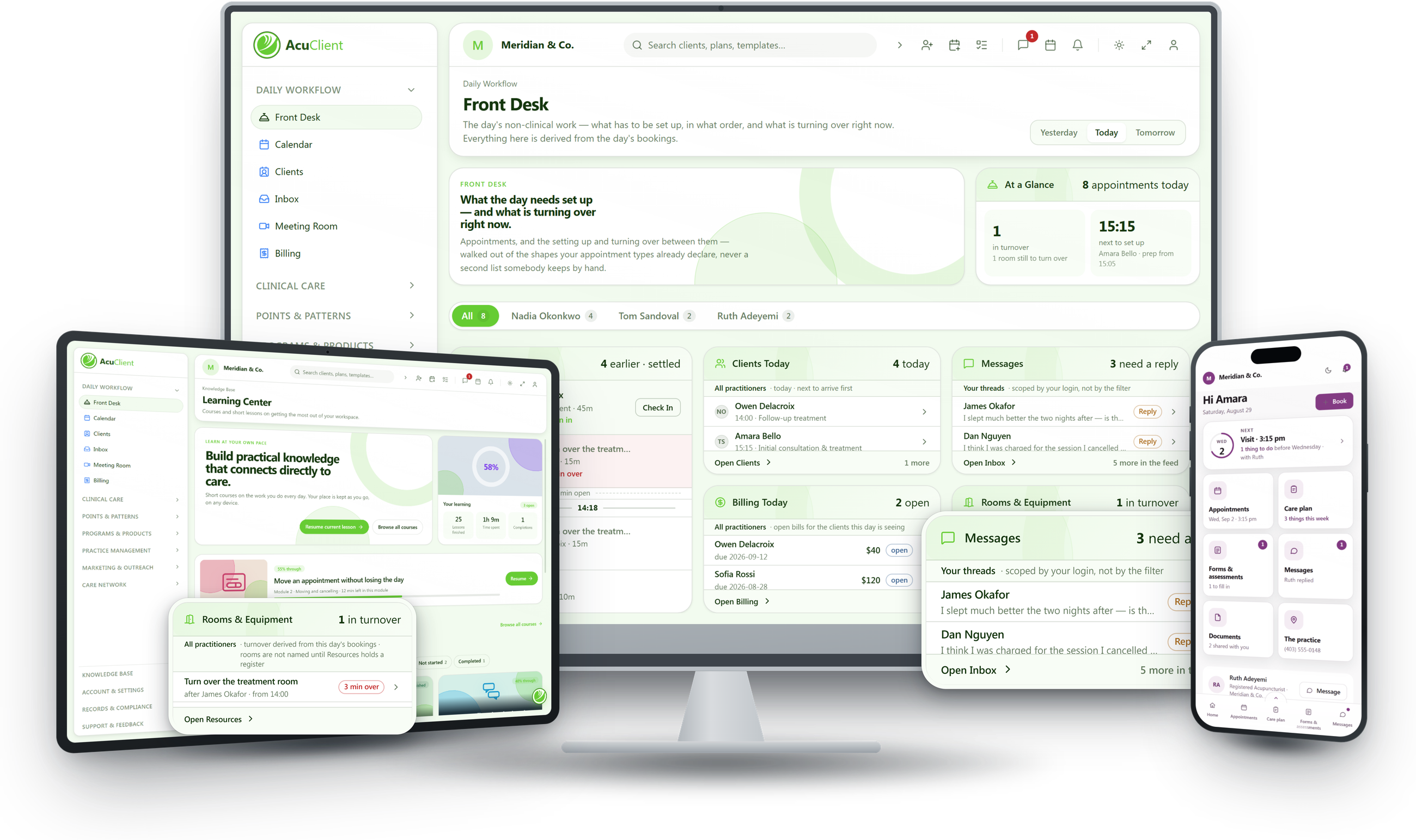 AcuClient shown on desktop and mobile — the front desk view, calendar, client records and client-facing portal.